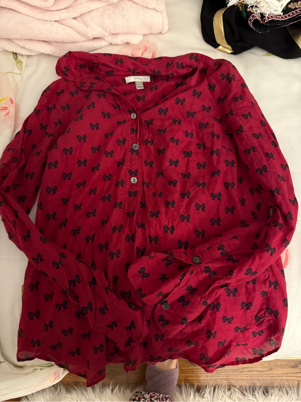 J. Crew Red Bow-Print Button Front Blouse
